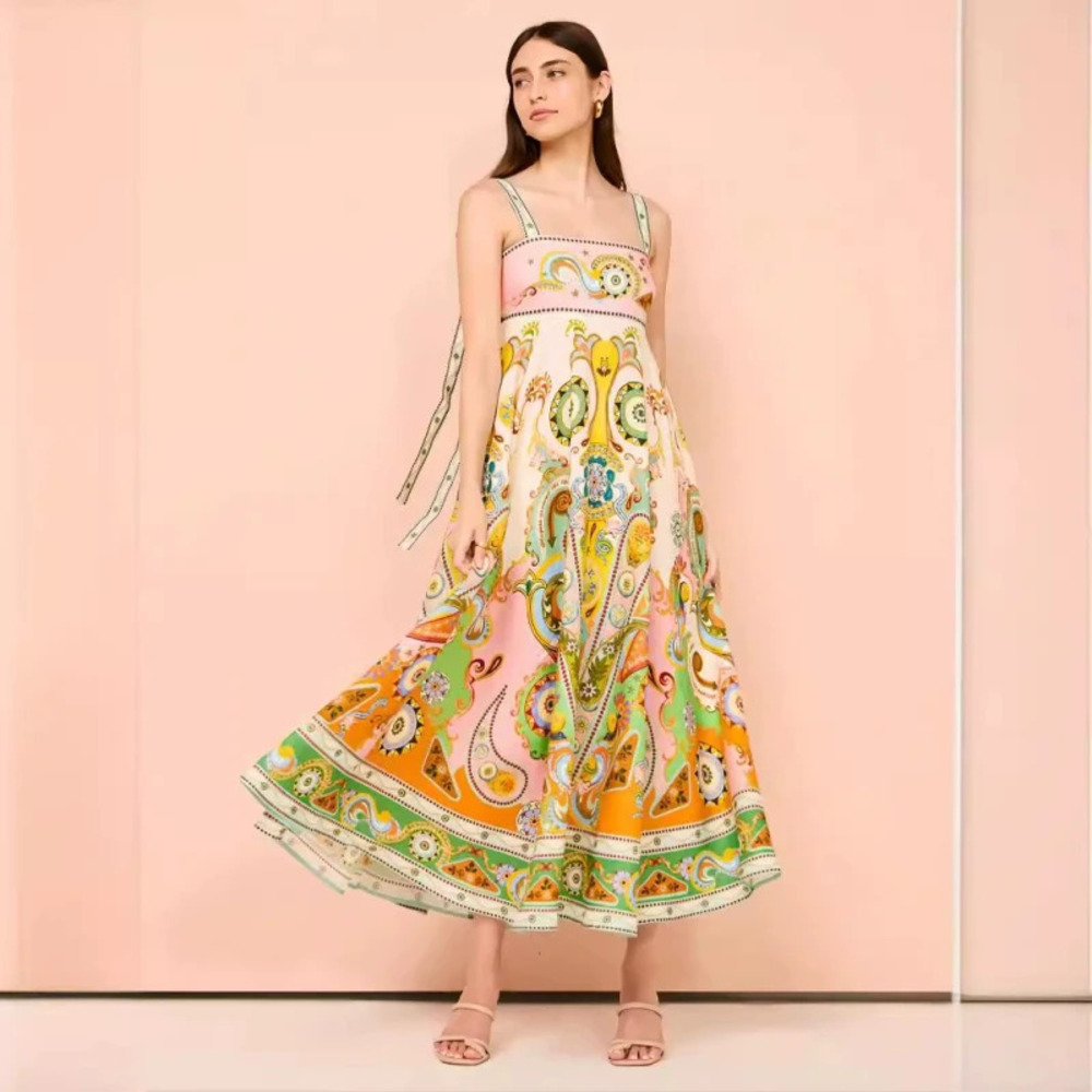ZARA Sexy Graffiti Print Cotton Linen Spaghetti Strap Flared Dress Women